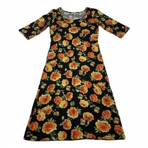Tmg New York Black Yellow Floral Midi Bodycon Dress 3/4 Sleeve Womens Size Small